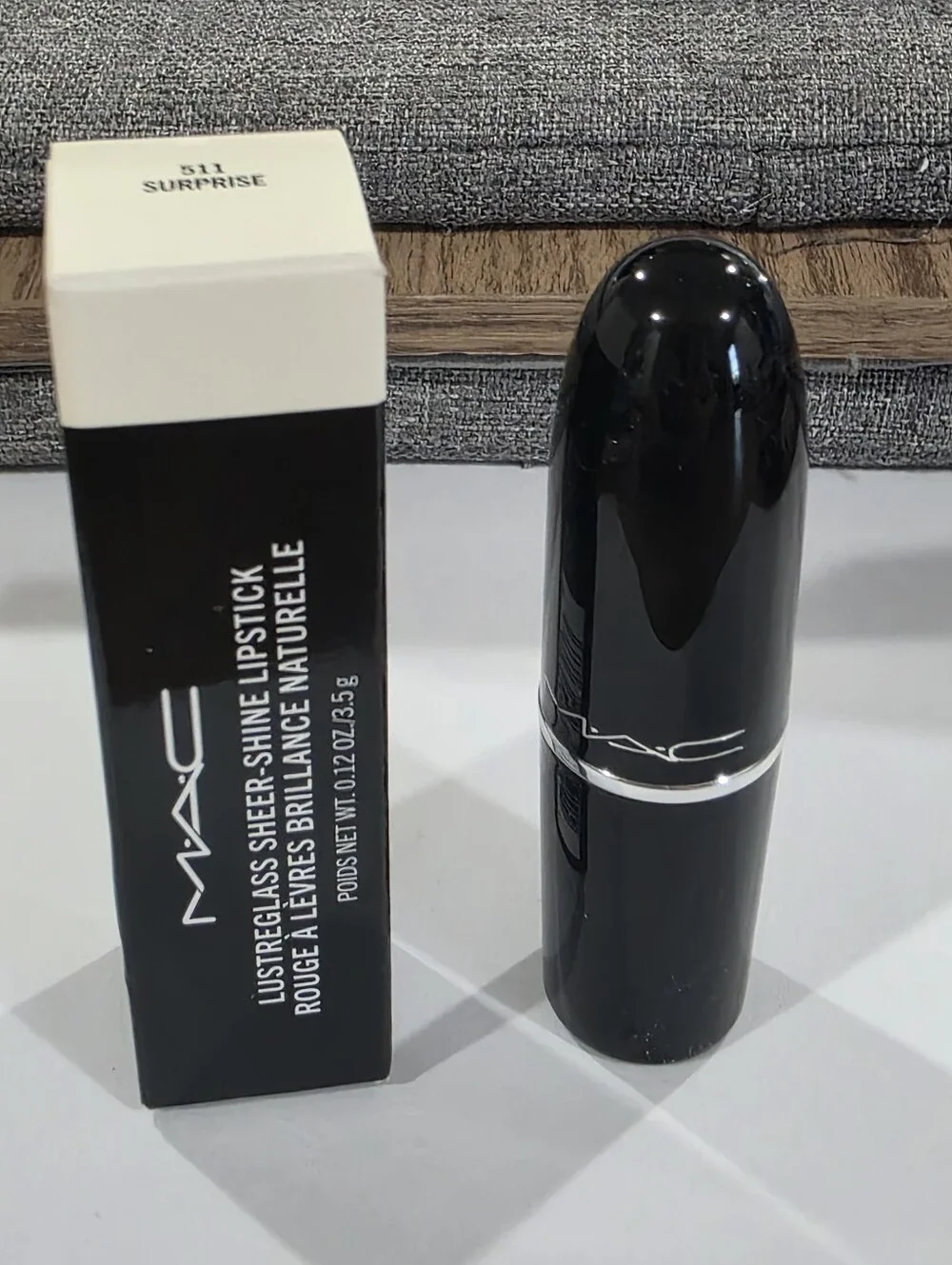 MAC Lustreglass Sheer-Shine Lpstick Surprise/Clear with champagne gold Pearl.